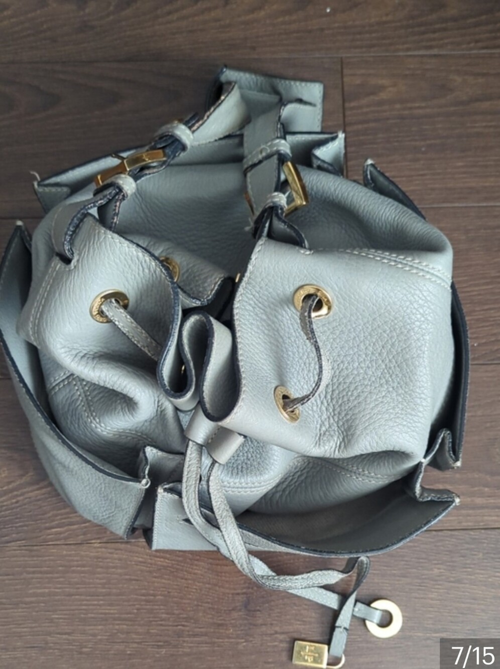 Loro Piana Gray Leather Drawstring Bucket Bag - Picture 7 of 15